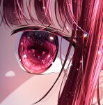  1girl arima_kana chromatic_aberration close-up commentary eye_focus eyelashes highres mahiru_yura oshi_no_ko red_eyes red_hair shade shadow sidelocks solo sparkle 