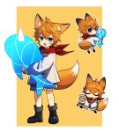  1boy aged_down animal_ears bandaid bandaid_on_cheek bandaid_on_face black_footwear blue_eyes boots border chibi coat fox_boy fox_ears fox_tail genshin_impact grey_shorts highres long_sleeves male_child male_focus neckerchief orange_background orange_hair red_neckerchief shorts solo stuffed_narwhal tail tartaglia_(genshin_impact) u_u_k_e_n white_border white_coat 