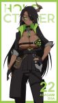  1girl absurdres aragami_oga between_breasts black_gloves black_hair black_pants breasts cleavage closed_mouth dark-skinned_female dark_skin daydarion eyepatch genderswap genderswap_(mtf) gloves green_eyes hand_on_own_hip high_collar highres holostars horns large_breasts long_hair looking_at_viewer pants partially_fingerless_gloves single_horn smile solo standing virtual_youtuber 