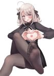  1girl absurdres ahoge black_dress black_pantyhose black_ribbon blush commission dress embarrassed eyelashes feet flower foot_focus foot_out_of_frame foreshortening grey_hair hair_between_eyes hair_flower hair_ornament hair_ribbon heart heart-shaped_boob_challenge heart-shaped_pupils heart_hands highres knee_up legs lily_(flower) lily_(spy_kyoushitsu) long_hair long_sleeves neck_ribbon nipples no_shoes one_breast_out open_mouth pantyhose pink_eyes puffy_long_sleeves puffy_sleeves ribbon sahara1127 shadow short_dress sidelocks simple_background skeb_commission soles solo spy_kyoushitsu symbol-shaped_pupils toes white_background white_ribbon 