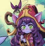  1girl closed_mouth colored_skin commentary dress ears_through_headwear english_commentary fairy green_eyes holding holding_staff league_of_legends long_hair long_sleeves lulu_(league_of_legends) outdoors phantom_ix_row pink_eyes pix_(league_of_legends) pointy_ears purple_hair purple_skin red_dress red_headwear solo staff tree upper_body wings yordle 