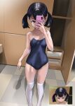  1girl black_hair black_one-piece_swimsuit brown_eyes cellphone commentary_request competition_school_swimsuit feet_out_of_frame highres inset one-piece_swimsuit original phone rohitsuka school_swimsuit short_hair solo swimsuit taking_picture thighhighs twintails white_thighhighs 
