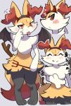  1girl ^_^ absurdres akanbe animal_ear_fluff animal_ears animal_feet animal_nose aya_tsuji bat_wings black_fur black_hairband black_wings blush blush_stickers body_fur braixen closed_eyes closed_mouth commentary_request cowboy_shot cropped_legs demon_horns eyelid_pull facing_viewer fake_horns fang fang_out feet fox_ears fox_girl fox_tail full_body furry furry_female grey_background grey_outline hairband half-closed_eyes hand_up happy highres holding_trident horns legs looking_at_viewer multicolored_fur multiple_views navel neck_fur notice_lines pigeon-toed pokemon pokemon_(creature) profile reaching reaching_towards_viewer red_eyes red_horns simple_background skin_fang smile snout split_mouth standing stick stomach tail talking tongue tongue_out translation_request white_fur wings yellow_fur 
