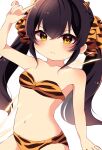  1girl animal_print bikini black_hair blush breasts cleavage collarbone commentary dot_nose fangs hair_between_eyes hair_ribbon hand_up highres horns idolmaster idolmaster_cinderella_girls index_finger_raised long_hair looking_at_viewer maju_risa matoba_risa navel oni_horns ribbon serious sidelocks skin_fangs small_breasts solo stomach swimsuit symbol-only_commentary thunder tiger_print twintails v-shaped_eyebrows white_background yellow_bikini yellow_eyes yellow_ribbon 