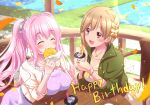  2girls aiba_yumi baozi black_ribbon blonde_hair blurry blurry_foreground blush bow bracelet braid breasts brown_eyes closed_eyes collarbone cup disposable_cup dot_nose dress drinking_straw eating elbow_on_table falling_petals fence floral_print flower food grass green_jacket hair_bow hair_flower hair_ornament hair_ribbon hands_up happy_birthday holding holding_cup holding_food idolmaster idolmaster_cinderella_girls idolmaster_cinderella_girls_starlight_stage jacket jewelry kurokoshi_you lace-trimmed_dress lace_trim large_breasts lens_flare light_particles long_hair long_sleeves looking_at_another medium_breasts multiple_girls necklace open_clothes open_jacket open_mouth petals pink_hair polka_dot polka_dot_dress print_dress purple_dress ribbon saionji_kotoka short_hair sitting smile sparkle table thick_eyebrows twintails water white_dress wooden_fence wooden_table yellow_jacket 