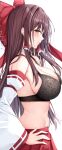  1girl 7saki absurdres black_bra bow bra breasts brown_hair cleavage commentary_request detached_sleeves from_side hair_bow hair_tubes hakurei_reimu highres large_breasts long_hair looking_at_viewer no_shirt parted_lips red_bow red_skirt ribbon-trimmed_sleeves ribbon_trim sidelocks sideways_glance simple_background skirt solo touhou underwear white_background 