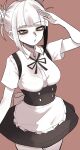  1girl absurdres apron bags_under_eyes blunt_bangs boku_no_hero_academia collared_dress double_bun dress greyscale_with_colored_background hair_bun hand_up highres looking_at_viewer messy_hair monochrome narrowed_eyes ribbon sidelocks slit_pupils solo spot_color toga_himiko waist_apron yellow_eyes zd_(pixiv6210083) 