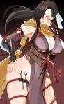  1girl arm_blade blush breasts brown_eyes brown_hair ceroccb cleavage detached_sleeves fire_emblem fire_emblem_fates gloves gradient_background hair_over_one_eye hand_on_own_hip highres kagero_(fire_emblem) kunai large_breasts long_hair looking_at_viewer mature_female ninja no_panties open_mouth parted_lips pelvic_curtain ponytail revealing_clothes ribbon scarf simple_background skindentation solo thigh_strap weapon white_ribbon wide_hips yellow_scarf 
