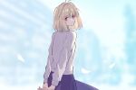  1girl absurdres antenna_hair arcueid_brunestud blonde_hair blurry blurry_background hair_intakes highres long_skirt long_sleeves looking_at_viewer looking_back medium_hair nayu_tundora photo_background purple_skirt red_eyes shirt skirt solo tsukihime white_shirt 