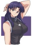  aosora2823 arm_behind_head blush breasts brown_eyes commentary cross earrings highres jewelry katsuragi_misato large_breasts long_hair neon_genesis_evangelion purple_hair sleeveless 