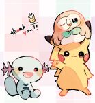  :3 :d animal_focus artist_name bird blue_skin bow bowtie colored_skin commentary_request english_text green_bow green_bowtie hanabusaoekaki highres no_humans one_eye_closed owl pikachu pokemon pokemon_(creature) rowlet smile solid_oval_eyes tail thank_you waving wooper yellow_skin 