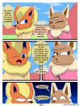  3:4 absurd_res anthro big_breasts bodily_fluids breasts brown_body brown_eyes canid canine clothed clothing comic digital_drawing_(artwork) digital_media_(artwork) duo eevee eeveelution elizabeth_venizee english_text female flamberry_(artist) flareon franklin_flare fur generation_1_pokemon hair hi_res humor male mammal nintendo one_eye_closed open_mouth orange_body orange_fur pokemon pokemon_(species) simple_background smile sweat tan_body tan_fur text wink yellow_body yellow_fur 