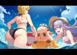  2girls ass ball bare_shoulders beachball bikini black_bikini blonde_hair blue_sky breasts casual_one-piece_swimsuit center-flap_bangs character_request closed_mouth cloud commentary_request day double-parted_bangs flying gradient_hair hair_between_eyes hair_flaps hat highres hololive hololive_english hololive_indonesia innertube jewel_under_eye kaela_kovalskia kaela_kovalskia_(penguin) koseki_bijou large_breasts letterboxed long_hair looking_back median_furrow multicolored_hair multiple_girls one-piece_swimsuit open_mouth outdoors pebble_(koseki_bijou) pink_hair popo_(popo0cat) profile purple_eyes purple_hair purple_one-piece_swimsuit red_eyes sheep short_hair shoulder_blades sidelocks simple_bird sky small_breasts smile straw_hat sunlight swimsuit v-shaped_eyebrows virtual_youtuber water 