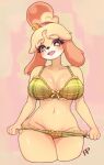  4_fingers accessory animal_crossing anthro big_breasts black_nose blonde_hair bottomwear bow_(feature) bow_ribbon bra breasts buckteeth canid canine canis cleavage clothed clothing digital_media_(artwork) domestic_dog eyebrow_through_hair eyebrows eyelashes female fingers fullpillow_(artist) fur green_bra green_clothing green_panties green_underwear hair hair_accessory hair_bell hi_res holding_clothing holding_object holding_panties holding_underwear isabelle_(animal_crossing) lingerie looking_at_viewer mammal midriff navel nintendo open_mouth open_smile panties pulling_pants_down ribbons shih_tzu simple_background smile smiling_at_viewer solo standing teeth thick_eyelashes thick_thighs topwear toy_dog translucent translucent_hair underwear wide_hips yellow_body yellow_eyes yellow_fur 