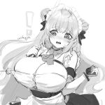  ! 1girl antenna_hair apron arm_cuffs arms_up artist_name ascot blush braid breast_strap breasts button_gap chest_strap d: frills goddess_of_victory:_nikke greyscale hair_ribbon highres konpeito_416 large_breasts long_hair maid maid_apron maid_headdress monochrome open_mouth pulling ribbon simple_background sketch sleeveless soda_(nikke) solo tearing_up teeth twin_braids two-tone_gloves undressing_another upper_teeth_only white_background worried 