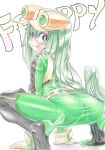  1girl :&gt; all_fours ass asui_tsuyu belt bodysuit boku_no_hero_academia boots bright_pupils character_name frog_girl from_behind gloves goggles goggles_on_head green_bodysuit green_eyes green_hair hair_rings long_hair looking_at_viewer looking_back low-tied_long_hair simple_background solo squatting superhero thigh_boots tongue tongue_out very_long_hair white_background white_pupils zanma 