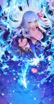  1girl absurdres blue_fire breasts earrings fate/grand_order fate_(series) fire flower glowing grey_hair hair_ribbon highres jewelry kama_(fate) kama_(third_ascension)_(fate) large_breasts long_hair lotus metal_bikini red_eyes ribbon starry_background very_long_hair youling_keke 
