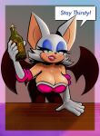  2023 absurd_res anthro armwear bat beverage bottle breasts cleavage clothed clothing container dialogue elbow_gloves english_text female gloves green_eyes handwear hi_res lipstick makeup mammal narrowed_eyes roboticsteve rouge_the_bat sega solo sonic_the_hedgehog_(series) speech_bubble tan_body tan_skin text wings 