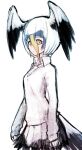  1girl bird_girl bird_tail bird_wings blonde_hair cardigan feathered_wings grey_hair head_wings ise_(0425) kemono_friends looking_at_viewer masked_booby_(kemono_friends) multicolored_hair necktie shirt short_hair simple_background skirt solo tail white_hair wings 