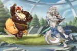 4_ears anthro arctic_fox arm_tuft asufalran_(darkwolfpack) belly big_belly big_breasts biglovealicia blue_eyes breasts can canid canine cape cheek_tuft claws clothing container detailed_background digital_media_(artwork) digitigrade dome duo ear_piercing eyes_closed facial_tuft female fighting_pose forest fox fox_tail fur future gateway gem grass hair half-closed_eyes hi_res male mammal melee_weapon morbidly_obese morbidly_obese_female multi_ear multicolored_body multicolored_fur muscular muscular_arms muscular_legs muscular_male muscular_thighs narrowed_eyes neck_tuft nuline_(darkwolfpack) obese obese_female open_mouth overweight overweight_female piercing plant pose red_hair river rock science_fiction screaming signature smile sword thick_thighs tree tuft weapon white_body white_hair yellow_body 