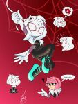  &lt;3 3:4 amy_rose anthro barely_sly breasts clothing cosplay crossover crossover_cosplay dialogue english_text eulipotyphlan female hedgehog hi_res hoodie mammal marvel mask sega solo sonic_the_hedgehog sonic_the_hedgehog_(series) speech_bubble spider-gwen spider-man_(series) text thought_bubble topwear 