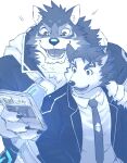  anthro barrel_(live_a_hero) canid canine canis clothing dog_operator domestic_dog duo dvd hi_res lifewonders live_a_hero male mammal muscular muscular_anthro muscular_male necktie protagonist_(live_a_hero) sakuhuu size_difference smile suit wolf 