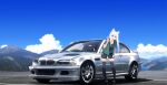  1girl 3d_background absurdres animal_ears black_footwear black_shirt black_shorts black_thighhighs bmw bmw_m3 car cloud collaboration english_commentary erik-m1999 green_hoodie grey_hair highres hood hood_down hoodie katsuki_(erik-m1999) long_hair mixed-language_commentary motor_vehicle mountainous_horizon open_mouth original purple_eyes shadow shirt shoes shorts sky smile sneakers solo suzuki-shi thighhighs v vehicle_focus 