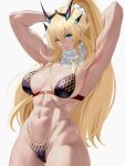  1girl abs armpits ass_visible_through_thighs bikini black_bikini blonde_hair breasts cameltoe fairy_knight_gawain_(fate) fairy_knight_gawain_(ice_warrior)_(fate) fate/grand_order fate_(series) green_eyes heterochromia highres horns large_breasts long_hair looking_at_viewer muscular muscular_female navel ponytail red_eyes scarf smitcuk solo swimsuit thighs white_scarf 