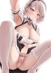  1girl absurdres armpits ass azur_lane black_dress blush breasts classic_(zildjian33) cleavage closed_mouth commentary_request crotch dress grey_hair hair_between_eyes highres large_breasts looking_at_viewer maid panties partially_visible_vulva red_eyes simple_background sirius_(azur_lane) squatting thighhighs thighs two-tone_dress underwear white_background white_dress white_panties white_thighhighs 