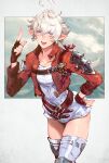  1girl alisaie_leveilleur belt black_gloves blue_eyes boots earrings final_fantasy final_fantasy_xiv fingerless_gloves gloves hand_on_hip highres jacket jewelry kin_mokusei multiple_belts open_mouth pointy_ears ponytail red_jacket smile solo thigh_boots white_footwear white_hair 