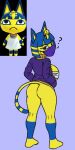  animal_crossing ankha_(animal_crossing) anthro big_breasts big_butt black_eyes blue_hair bottomless breasts butt chest_wraps clothed clothing devil_draenor domestic_cat egyptian_headdress eyelashes face_mask felid feline felis female fur hair hi_res huge_breasts looking_at_viewer looking_back looking_back_at_viewer mammal markings mask nintendo open_clothing open_topwear purple_background purple_clothing purple_topwear question_mark rear_view short_hair simple_background solo striped_markings striped_tail stripes tail tail_markings thick_thighs topwear wide_hips wraps yellow_body yellow_fur 