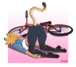  1girl animal_ears animal_print ass bicycle black_pants boots braid brown_footwear d-rex green_jacket jacket leopard_ears leopard_girl leopard_print leopard_tail long_hair long_sleeves original pants pink_background shirt solo tail top-down_bottom-up white_background white_shirt 
