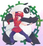  1boy 1girl blue_eyes braid breasts chinese_clothes commentary father_and_son fighting_stance genderswap genderswap_(mtf) highres leizero medium_breasts panda ranma-chan ranma_1/2 red_hair saotome_genma_(panda) single_braid 
