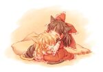  2girls animal_ears apron black_hair black_skirt blonde_hair blush bow cat_ears cat_tail closed_eyes closed_mouth commentary detached_sleeves frilled_bow frilled_hair_tubes frills hair_bow hair_tubes hakurei_reimu hug karioda kirisame_marisa long_hair multiple_girls pillow red_bow red_skirt ribbon-trimmed_sleeves ribbon_trim sitting skirt skirt_set tail touhou waist_apron 