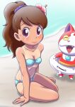  1girl beach bikini blue_bikini breasts brown_hair cleavage dated hair_ornament innertube jibanyan kodama_fumika looking_at_viewer mochi-iri_kinchaku nail_polish open_mouth outdoors purple_eyes sitting small_breasts sweat swimsuit tan tanlines water youkai_watch 