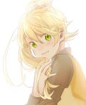  1girl bangs blonde_hair blush closed_mouth from_side green_eyes hair_between_eyes hand_up long_hair long_sleeves marutoko45 pokemon pokemon_adventures ponytail shirt simple_background smile solo upper_body vest white_background yellow_(pokemon) yellow_vest 