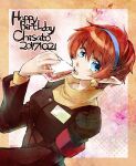  1girl armband blue_eyes breasts character_name chisato_madison dated earrings food hairband happy_birthday jewelry minazuki_kurisu open_mouth pointy_ears red_hair sandwich short_hair solo star_ocean star_ocean_the_second_story 
