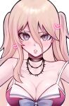  1girl alternate_costume alternate_hairstyle barbed_wire bare_shoulders black_choker blush bow bowtie breasts choker cleavage danganronpa_(series) danganronpa_v3:_killing_harmony hair_between_eyes heart highres iruma_miu large_breasts looking_at_viewer mi_(mimi_06159) multicolored_hair off_shoulder pink_bow pink_bowtie pink_eyes solo teeth twintails two-tone_hair 