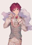  1boy cape character_name chloe_collins closed_mouth flower green_ribbon green_vest grey_background hand_on_own_chest highres long_sleeves looking_at_viewer mahoutsukai_no_yakusoku male_focus mole mole_under_eye neck_ribbon pants piza-chan purple_eyes red_flower red_hair ribbon shirt short_hair smile solo vest wavy_hair white_cape white_pants white_shirt 