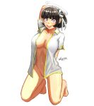  1girl angel arm_behind_back arm_behind_head azazel_(helltaker) black_hair blue_eyes breasts covered_nipples covered_pussy hair_ribbon halo helltaker highres khester824 kneeling looking_at_viewer navel open_clothes open_shirt ribbon shirt smile white_background white_shirt 