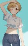  1girl absurdres arm_at_side arm_up asymmetrical_bangs bare_arms blonde_hair blue_background blush breasts brown_eyes collarbone denim emu_(emum) fukuda_noriko gradient_background grin hand_on_own_head highres idolmaster idolmaster_million_live! idolmaster_million_live!_theater_days jeans large_breasts looking_at_viewer midriff navel one_eye_closed open_mouth pants shirt short_hair short_sleeves side-tie_shirt smile solo sweat t-shirt tied_shirt water_drop wet wet_clothes white_shirt 