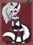 angry anthro canid canid_demon canine clothing collar crop_top demon female fingerless_gloves fist fur gloves handwear hellhound helluva_boss hi_res legwear loona_(helluva_boss) mammal marsamui piercing shirt simple_background solo stockings tail teeth topwear torn_clothing white_body white_fur 