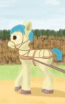  ambiguous_gender blue_hair blue_tail bridle brown_eyes digital_media_(artwork) dock earth_pony equid equine feral friendship_is_magic fur hair harness hasbro hooves horse mammal mechanic31 my_little_pony pony raised_hoof reins road solo tail tan_body tan_fur yellow_body yellow_fur 