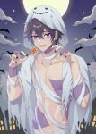  1boy bandages black_hair blanc1771 candy cloud earrings food halloween halloween_costume highres indie_virtual_youtuber jack-o&#039;-lantern jewelry looking_at_viewer male_focus moon muscular muscular_male night open_mouth purple_eyes short_hair shoto_(vtuber) sky smile solo stitches topless_male virtual_youtuber 