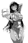  1girl black_hair blush breasts china_dress chinese_clothes cleavage cleavage_cutout clothing_cutout covered_navel cropped_legs dark_skin dress floral_print food greyscale hand_in_own_hair highres holding holding_food large_breasts long_hair looking_at_viewer monochrome original parted_lips pelvic_curtain print_dress simple_background solo tan thighs white_background yuu_(kfc) 