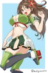  1girl amagi_(kancolle) bare_shoulders blue_background blush border breasts brown_eyes brown_hair chamumi_(mochiumee) cleavage clothing_cutout commentary_request foot_out_of_frame kantai_collection large_breasts leg_up long_hair looking_at_viewer mole mole_under_eye o-ring o-ring_bottom open_mouth shoulder_cutout simple_background skirt smile solo twitter_username very_long_hair white_border 