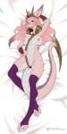  absurd_res anthro belly_scales big_breasts breasts chain clothing dragon female genitals hair hand_behind_head hi_res horn legwear lying mostly_nude nipples non-mammal_nipples on_back pink_body pink_eyes pink_hair pink_scales pussy scales scalie smile solo stockings thigh_highs w4g4 