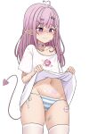  1girl ahoge bandaid_on_thigh bikini blush choker closed_mouth clothes_lift collarbone commentary demon_girl demon_tail elf english_commentary flat_chest hair_ornament hairclip highres hormkrun indie_virtual_youtuber lifted_by_self long_hair mochi_(vtuber) navel official_art panties petite pink_choker pink_eyes pink_hair pointy_ears print_shirt pubic_tattoo second-party_source shirt shirt_lift side-tie_bikini_bottom simple_background single_bare_shoulder solo standing stomach striped striped_bikini striped_panties swimsuit tail tattoo thighhighs thighs underwear virtual_youtuber white_background white_shirt 