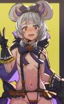  animal_ears black_gloves black_hood bow_(bhp) breasts cape gloves granblue_fantasy grey_hair hood hooded_cape looking_at_viewer mouse_ears navel open_mouth red_eyes short_hair small_breasts suspenders v vikala_(granblue_fantasy) 