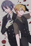  2boys absurdres asymmetrical_bangs black_gloves black_necktie black_pants black_vest blue_hair buttons collared_shirt commentary_request cowboy_shot double-parted_bangs flower gloves hair_between_eyes hand_on_own_chest hand_on_own_head highres kamishiro_rui long_sleeves looking_at_viewer lower_teeth_only male_focus multicolored_hair multiple_boys necktie open_mouth orange_hair pants project_sekai purple_hair red_flower shirt short_hair shorts streaked_hair teeth tenma_tsukasa two-tone_hair utakapen vest white_gloves 